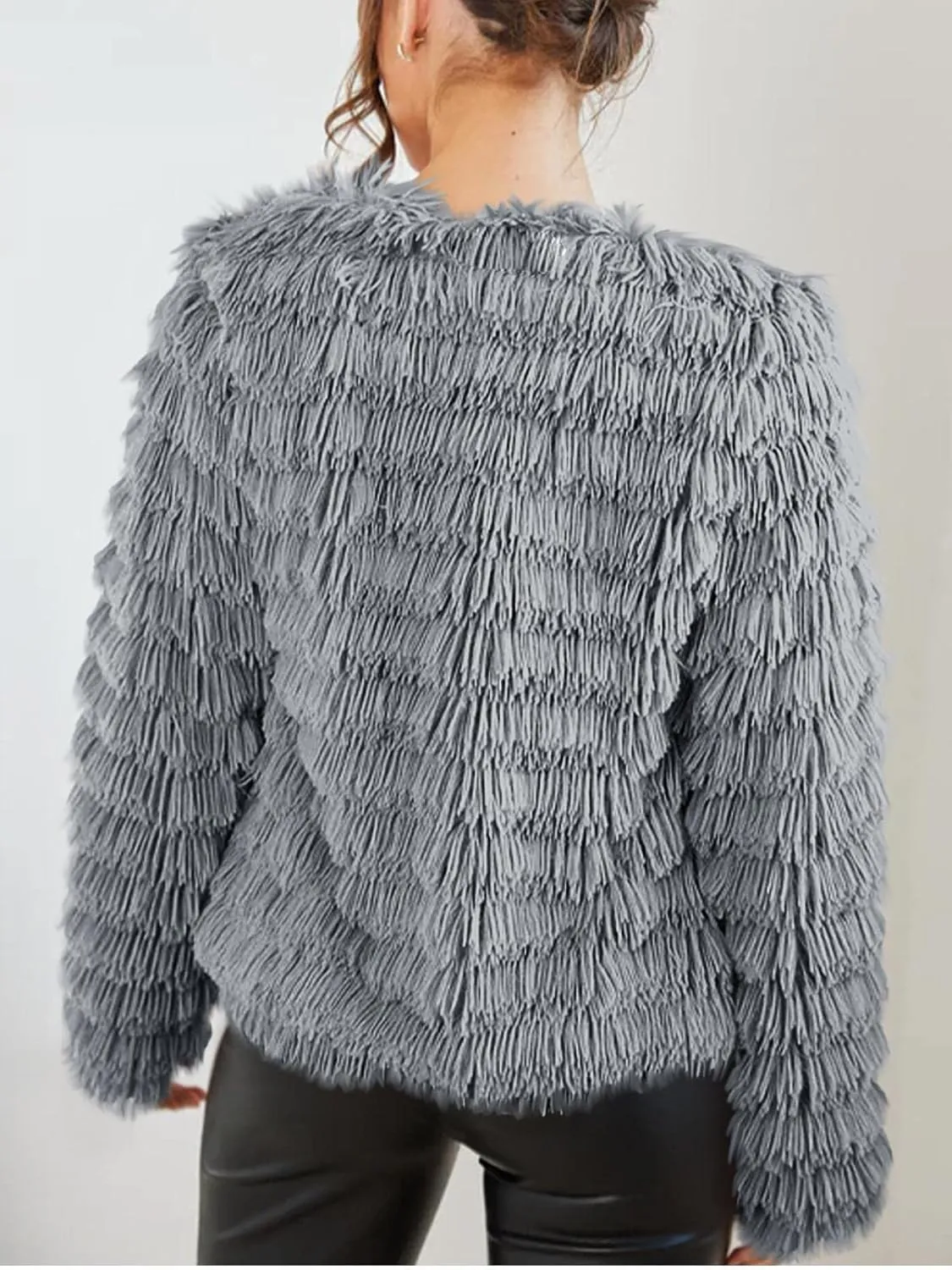 Womens Open Front Faux Fur Cardigan Vintage Parka Shaggy Jacket Coat