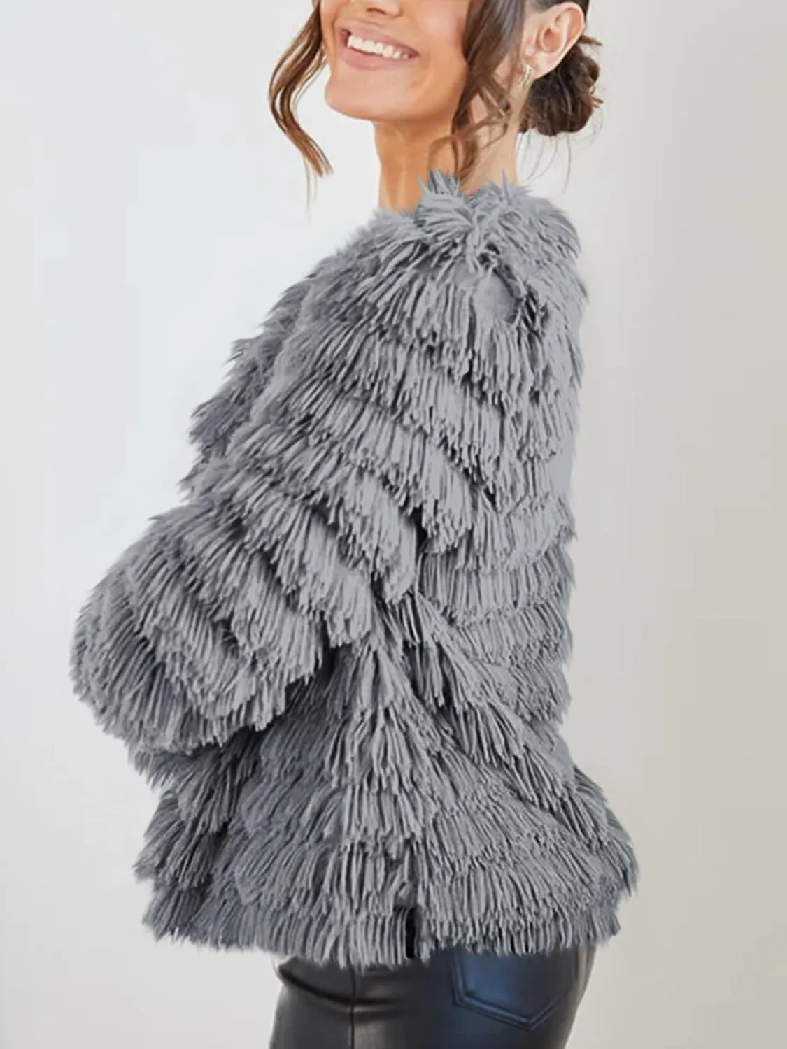 Womens Open Front Faux Fur Cardigan Vintage Parka Shaggy Jacket Coat