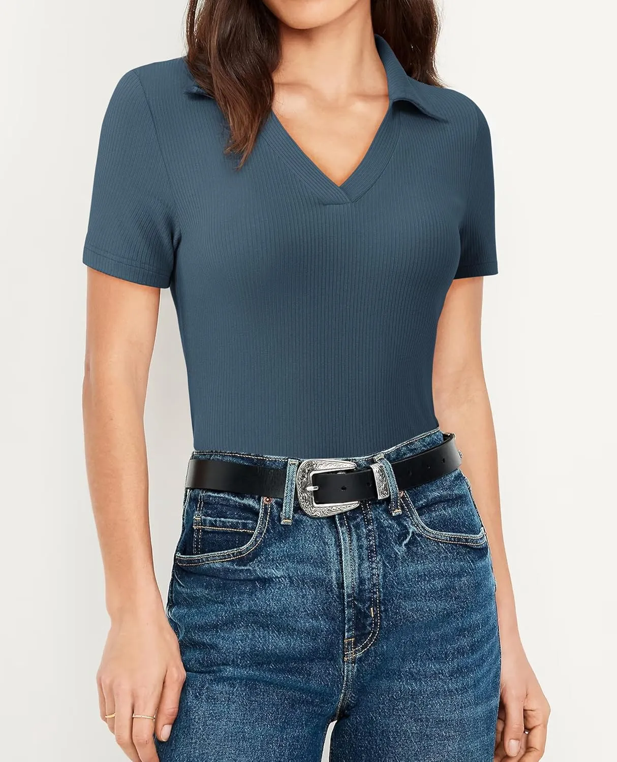 Womens Polo Shirts Short Sleeve Ribbed Blouse V Neck Summer Collared Basic Tee Blouses Business Casual Tops