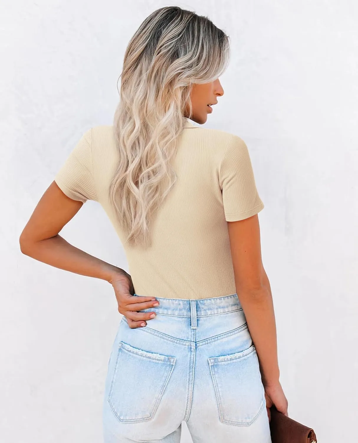 Womens Polo Shirts Short Sleeve Ribbed Blouse V Neck Summer Collared Basic Tee Blouses Business Casual Tops