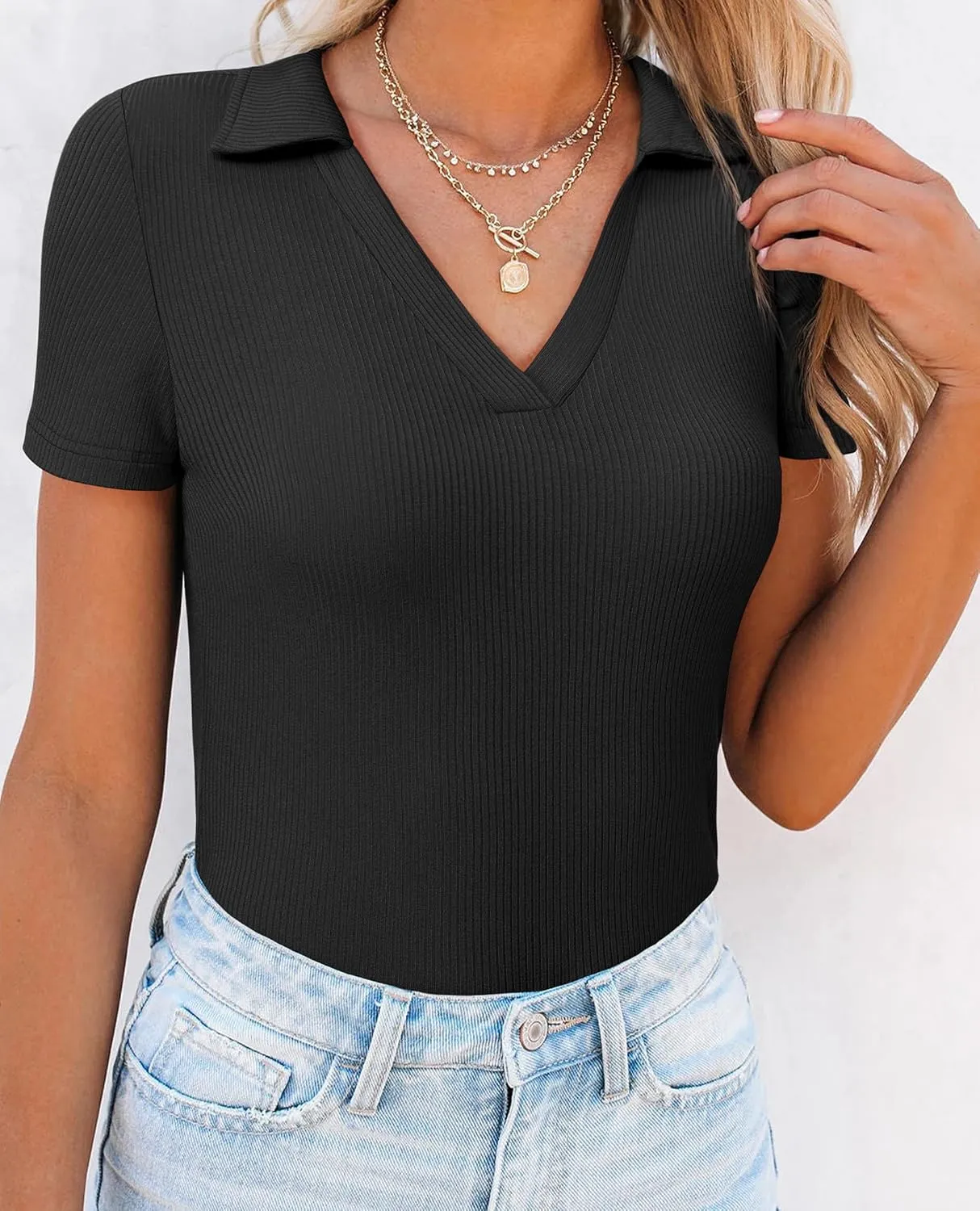 Womens Polo Shirts Short Sleeve Ribbed Blouse V Neck Summer Collared Basic Tee Blouses Business Casual Tops