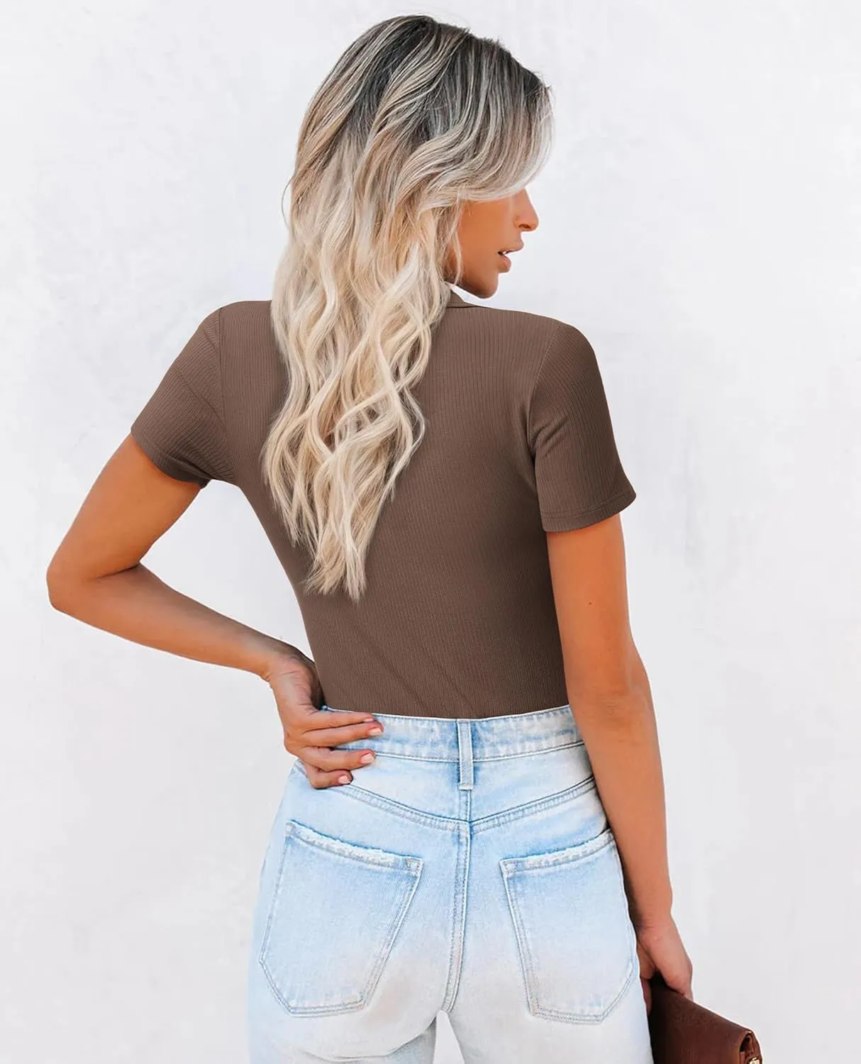 Womens Polo Shirts Short Sleeve Ribbed Blouse V Neck Summer Collared Basic Tee Blouses Business Casual Tops