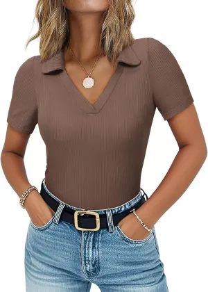Womens Polo Shirts Short Sleeve Ribbed Blouse V Neck Summer Collared Basic Tee Blouses Business Casual Tops