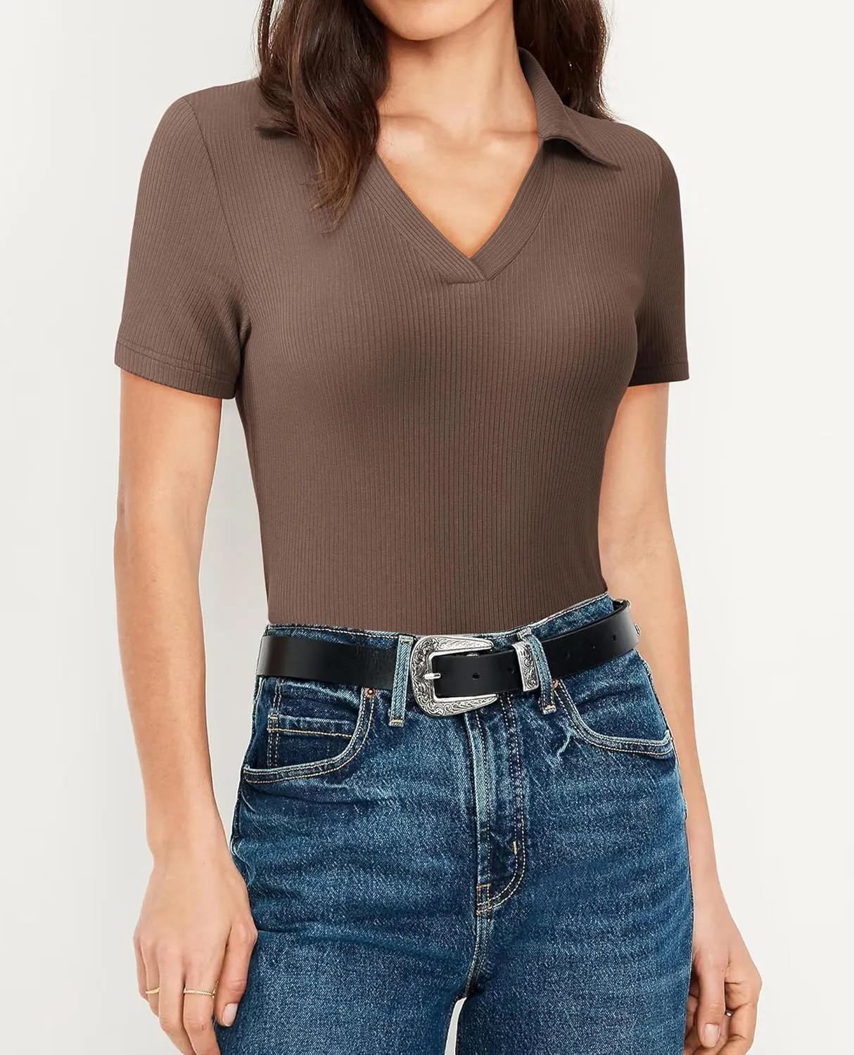 Womens Polo Shirts Short Sleeve Ribbed Blouse V Neck Summer Collared Basic Tee Blouses Business Casual Tops