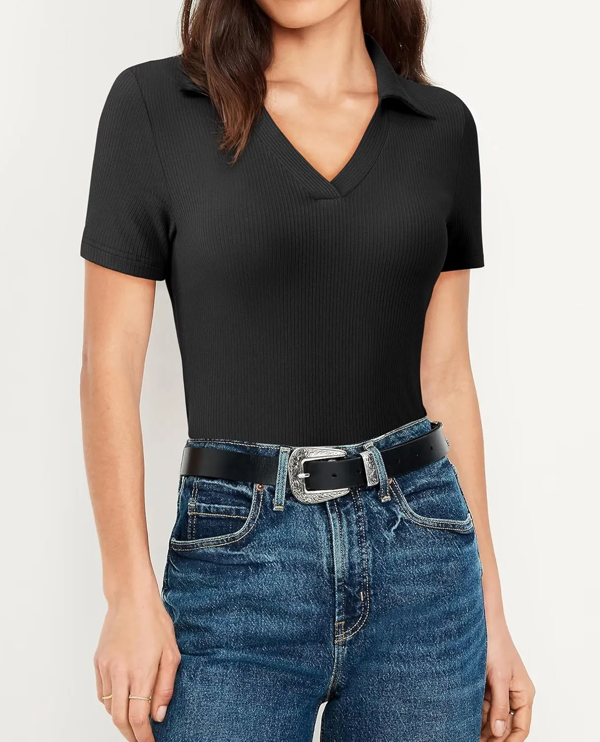 Womens Polo Shirts Short Sleeve Ribbed Blouse V Neck Summer Collared Basic Tee Blouses Business Casual Tops