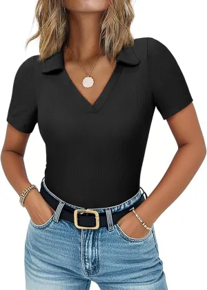 Womens Polo Shirts Short Sleeve Ribbed Blouse V Neck Summer Collared Basic Tee Blouses Business Casual Tops