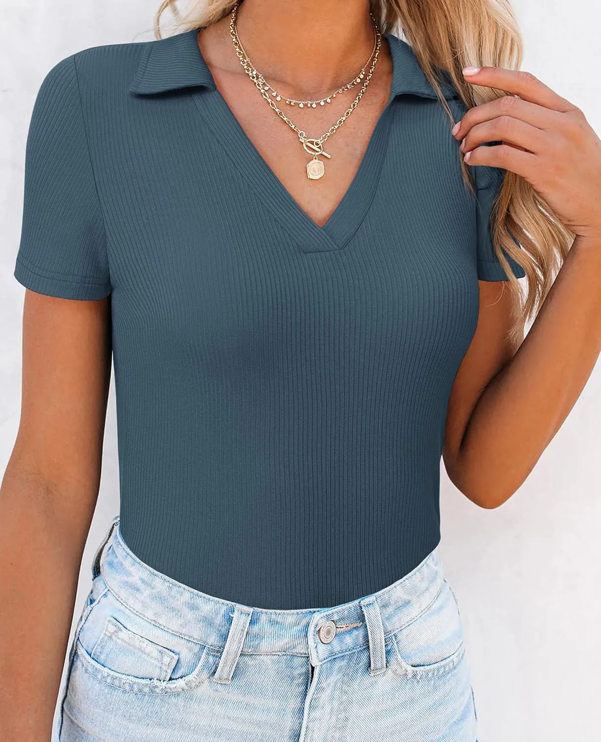 Womens Polo Shirts Short Sleeve Ribbed Blouse V Neck Summer Collared Basic Tee Blouses Business Casual Tops