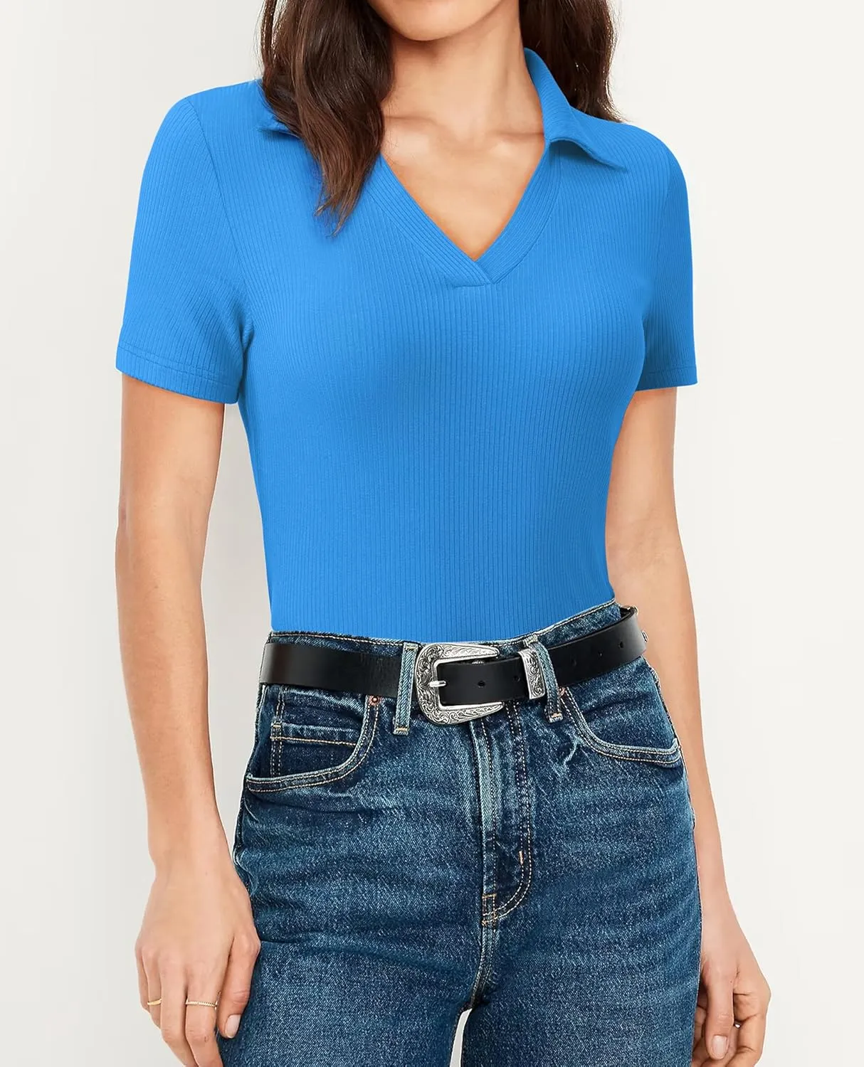 Womens Polo Shirts Short Sleeve Ribbed Blouse V Neck Summer Collared Basic Tee Blouses Business Casual Tops