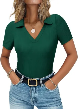 Womens Polo Shirts Short Sleeve Ribbed Blouse V Neck Summer Collared Basic Tee Blouses Business Casual Tops
