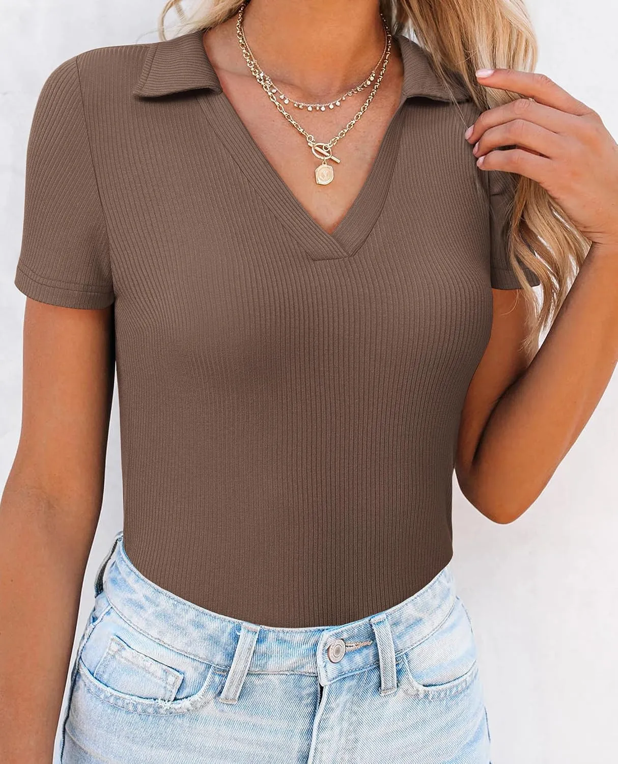 Womens Polo Shirts Short Sleeve Ribbed Blouse V Neck Summer Collared Basic Tee Blouses Business Casual Tops