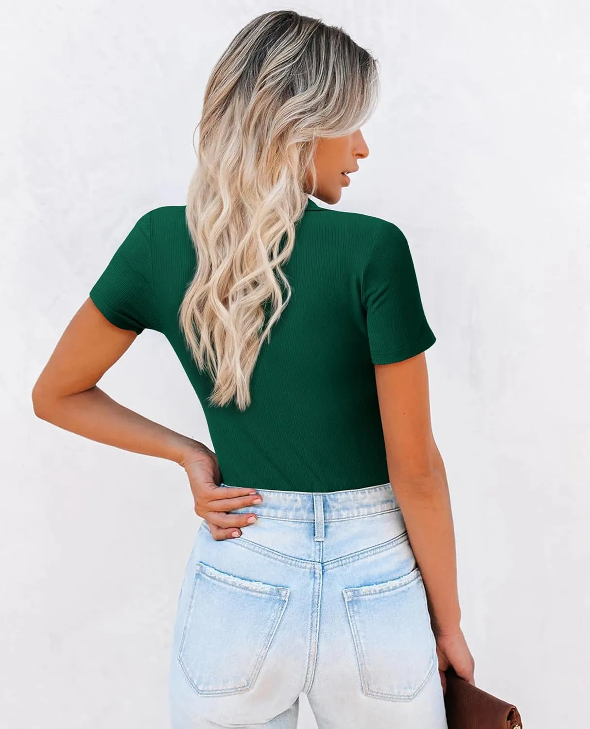 Womens Polo Shirts Short Sleeve Ribbed Blouse V Neck Summer Collared Basic Tee Blouses Business Casual Tops