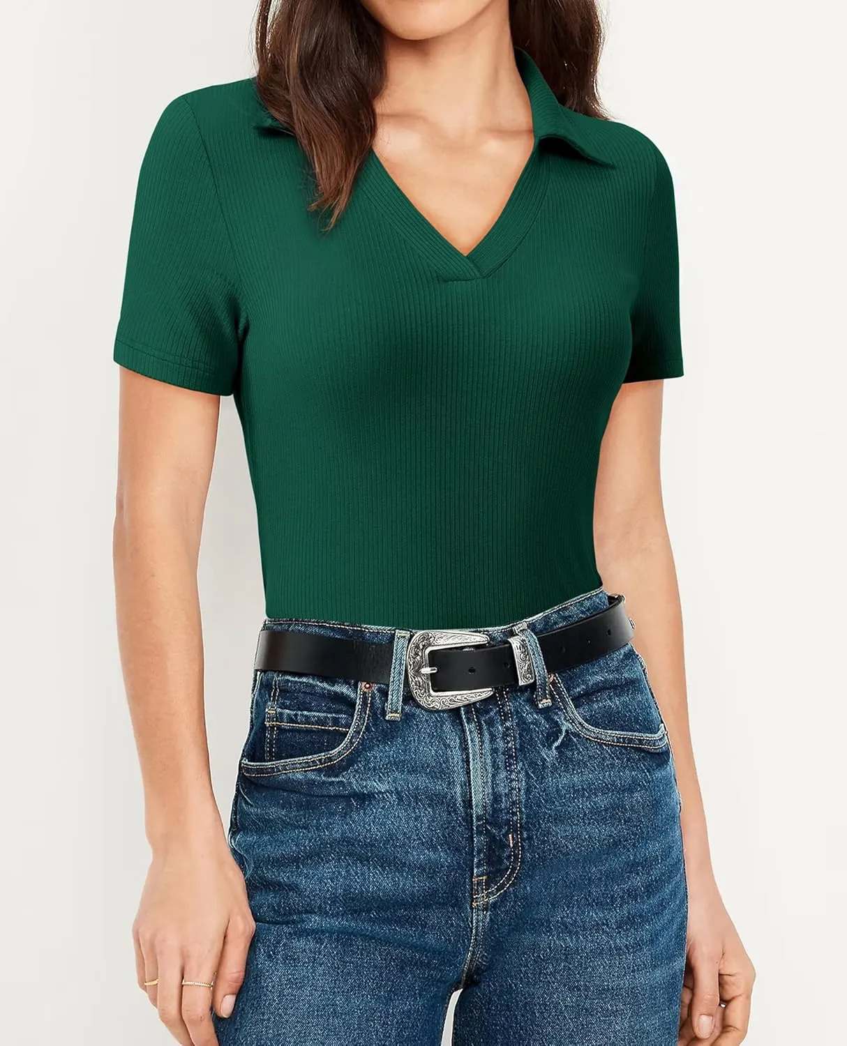 Womens Polo Shirts Short Sleeve Ribbed Blouse V Neck Summer Collared Basic Tee Blouses Business Casual Tops