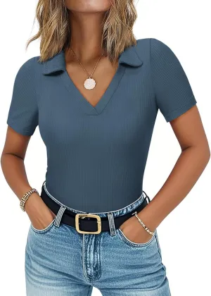 Womens Polo Shirts Short Sleeve Ribbed Blouse V Neck Summer Collared Basic Tee Blouses Business Casual Tops