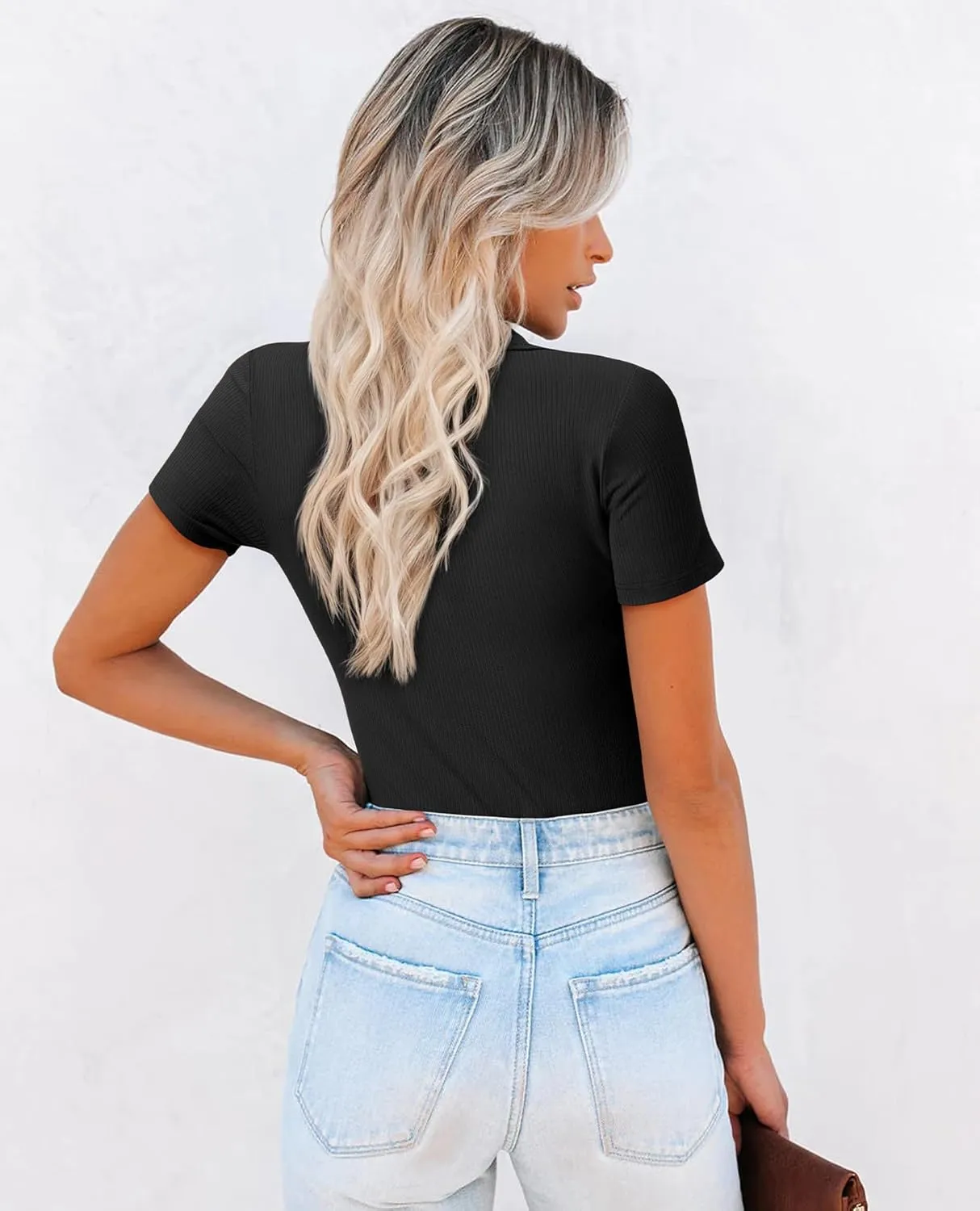 Womens Polo Shirts Short Sleeve Ribbed Blouse V Neck Summer Collared Basic Tee Blouses Business Casual Tops