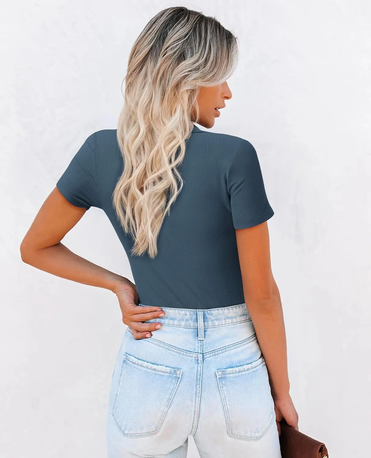 Womens Polo Shirts Short Sleeve Ribbed Blouse V Neck Summer Collared Basic Tee Blouses Business Casual Tops
