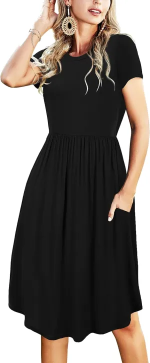 Womens Summer Pocket Knee Length Teacher Casual Dress Spring Modest Knit Fit Flare Short Sleeve Midi Work Travel Outfits