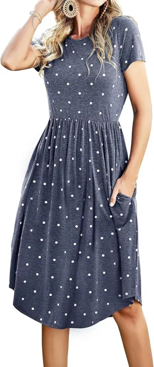 Womens Summer Pocket Knee Length Teacher Casual Dress Spring Modest Knit Fit Flare Short Sleeve Midi Work Travel Outfits