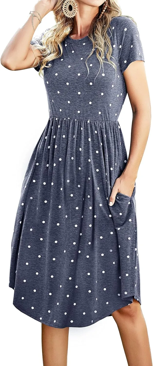 Womens Summer Pocket Knee Length Teacher Casual Dress Spring Modest Knit Fit Flare Short Sleeve Midi Work Travel Outfits