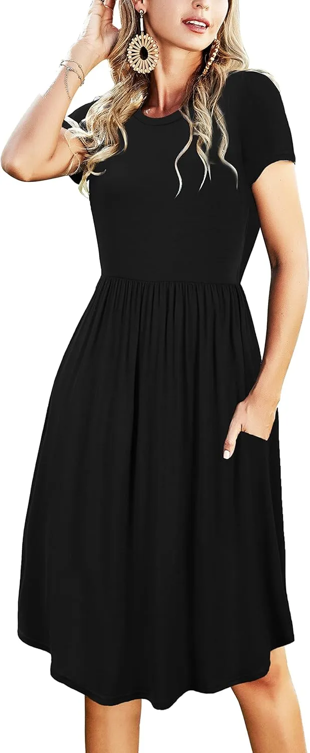 Womens Summer Pocket Knee Length Teacher Casual Dress Spring Modest Knit Fit Flare Short Sleeve Midi Work Travel Outfits