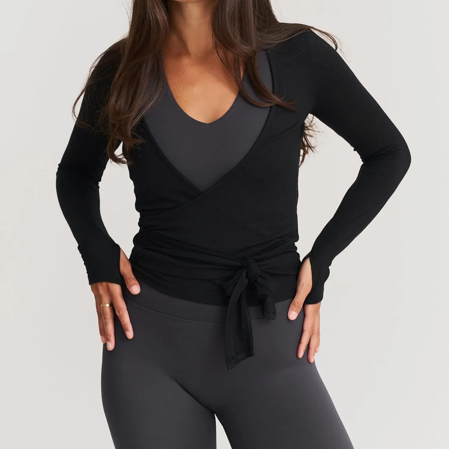 Women's Yoga Shirts Wrap Ruched Tie Front Long Sleeve Workout T Shirts Sexy Deep V Neck Slim Fit Casual Cropped Top