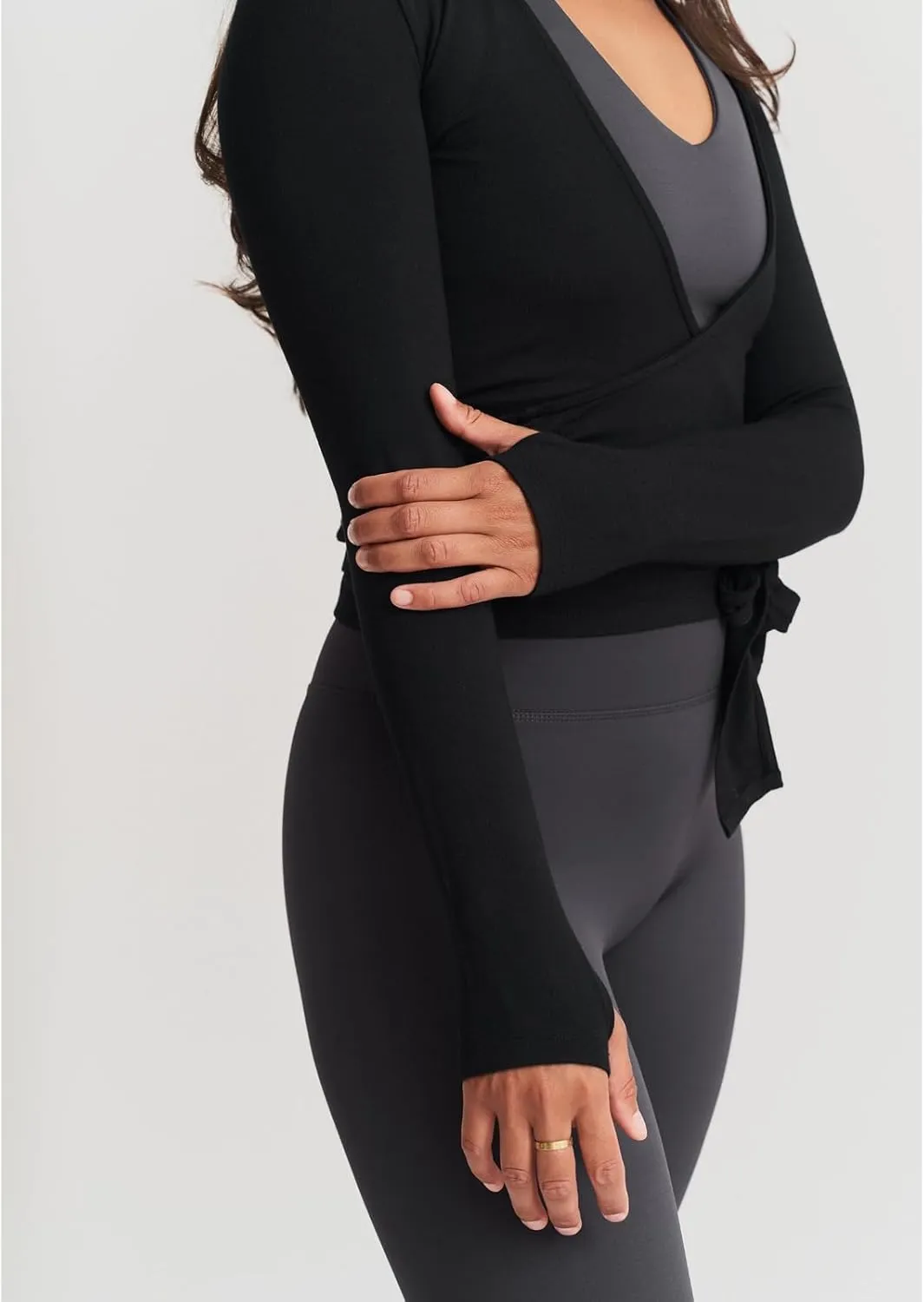 Women's Yoga Shirts Wrap Ruched Tie Front Long Sleeve Workout T Shirts Sexy Deep V Neck Slim Fit Casual Cropped Top