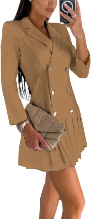 yoeasy Womens Pleated Hem Blazers Dress Double Breasted Lapel Elegant Long Sleeve Blazer Jacket