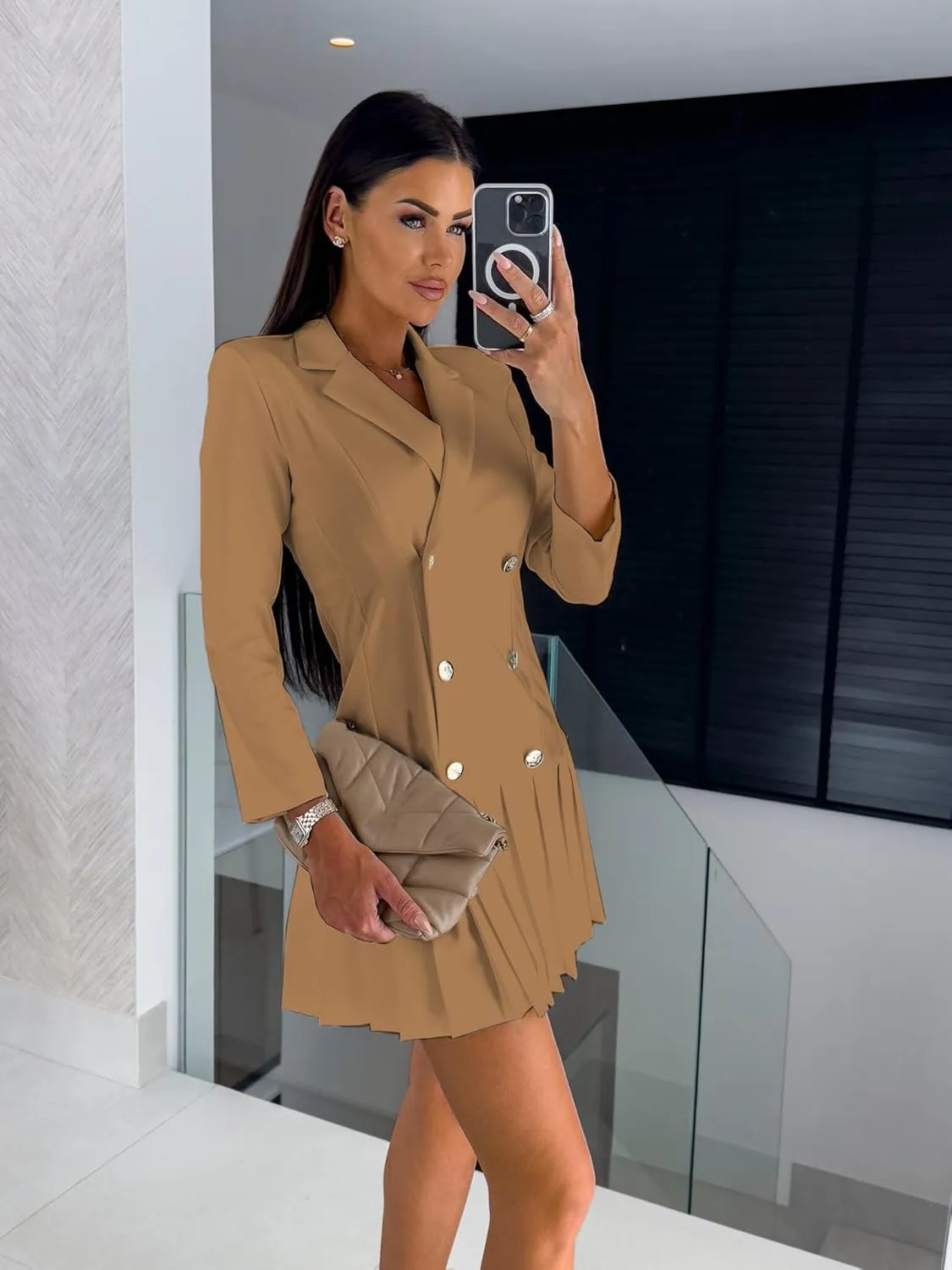 yoeasy Womens Pleated Hem Blazers Dress Double Breasted Lapel Elegant Long Sleeve Blazer Jacket