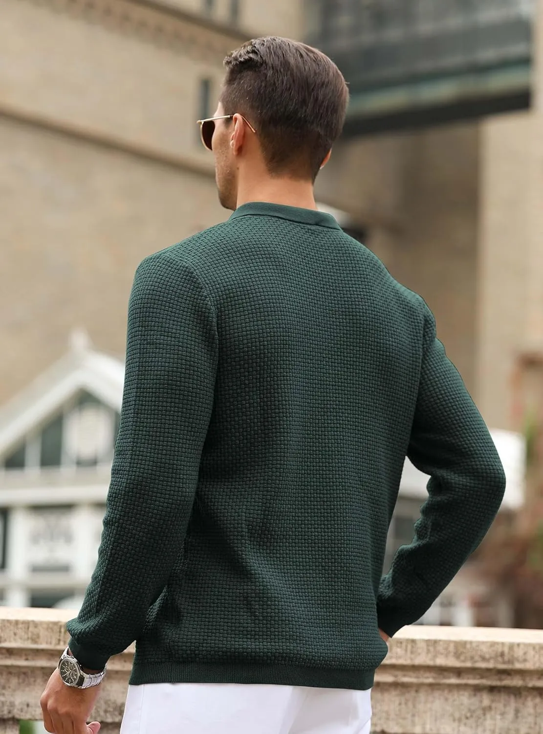 Zaitun Mens Knit Polo Sweater Long Sleeve Lightweight Collared Pullover Casual Sweaters Khaki