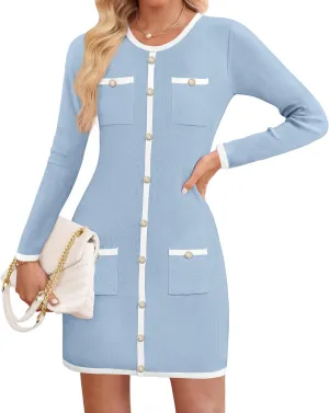 ZESICA Fall Dresses for Women 2025 Long Sleeve Button Color Block Knit Bodycon Short Sweater Dresses with Pockets