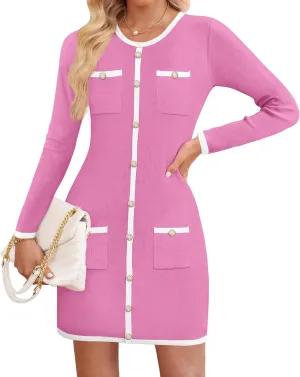 ZESICA Fall Dresses for Women 2025 Long Sleeve Button Color Block Knit Bodycon Short Sweater Dresses with Pockets