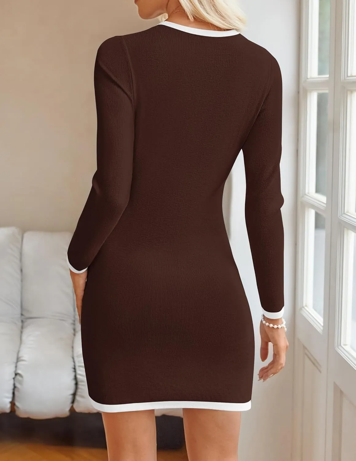 ZESICA Fall Dresses for Women 2025 Long Sleeve Button Color Block Knit Bodycon Short Sweater Dresses with Pockets
