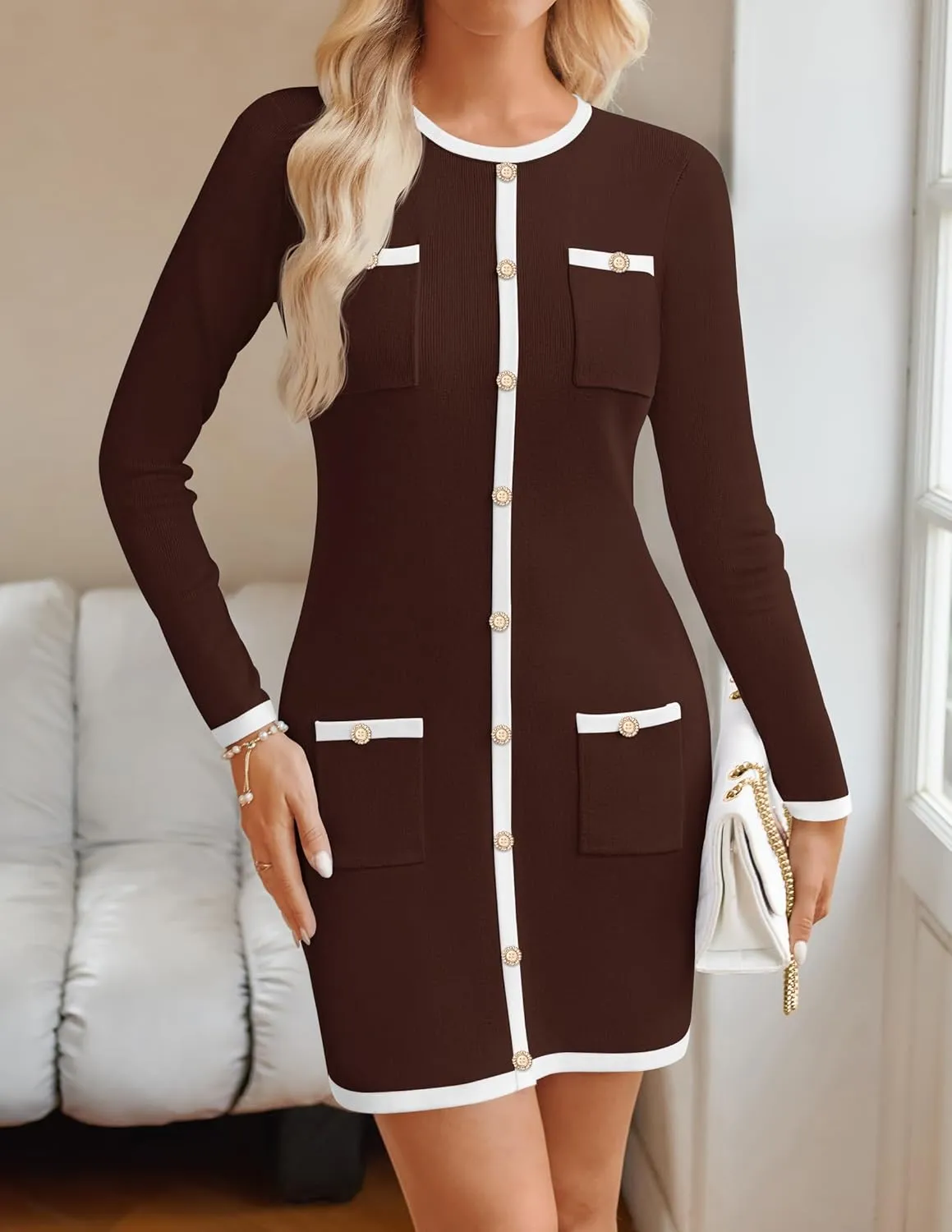 ZESICA Fall Dresses for Women 2025 Long Sleeve Button Color Block Knit Bodycon Short Sweater Dresses with Pockets