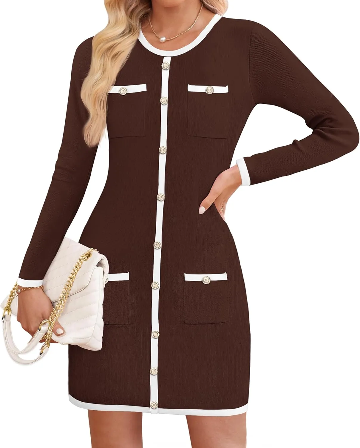 ZESICA Fall Dresses for Women 2025 Long Sleeve Button Color Block Knit Bodycon Short Sweater Dresses with Pockets
