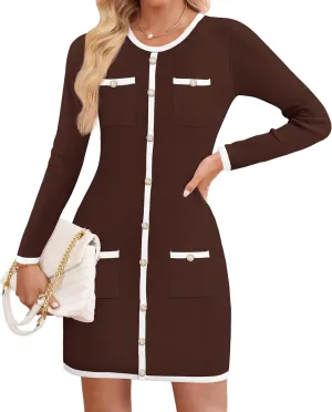 ZESICA Fall Dresses for Women 2025 Long Sleeve Button Color Block Knit Bodycon Short Sweater Dresses with Pockets