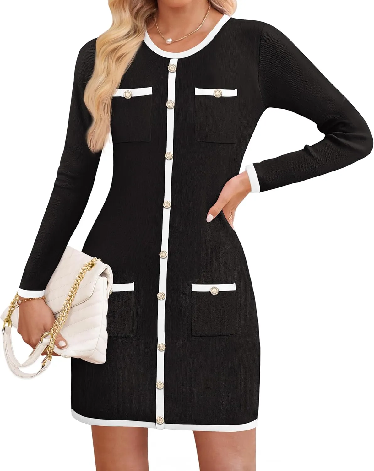 ZESICA Fall Dresses for Women 2025 Long Sleeve Button Color Block Knit Bodycon Short Sweater Dresses with Pockets