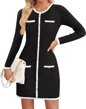 ZESICA Fall Dresses for Women 2025 Long Sleeve Button Color Block Knit Bodycon Short Sweater Dresses with Pockets