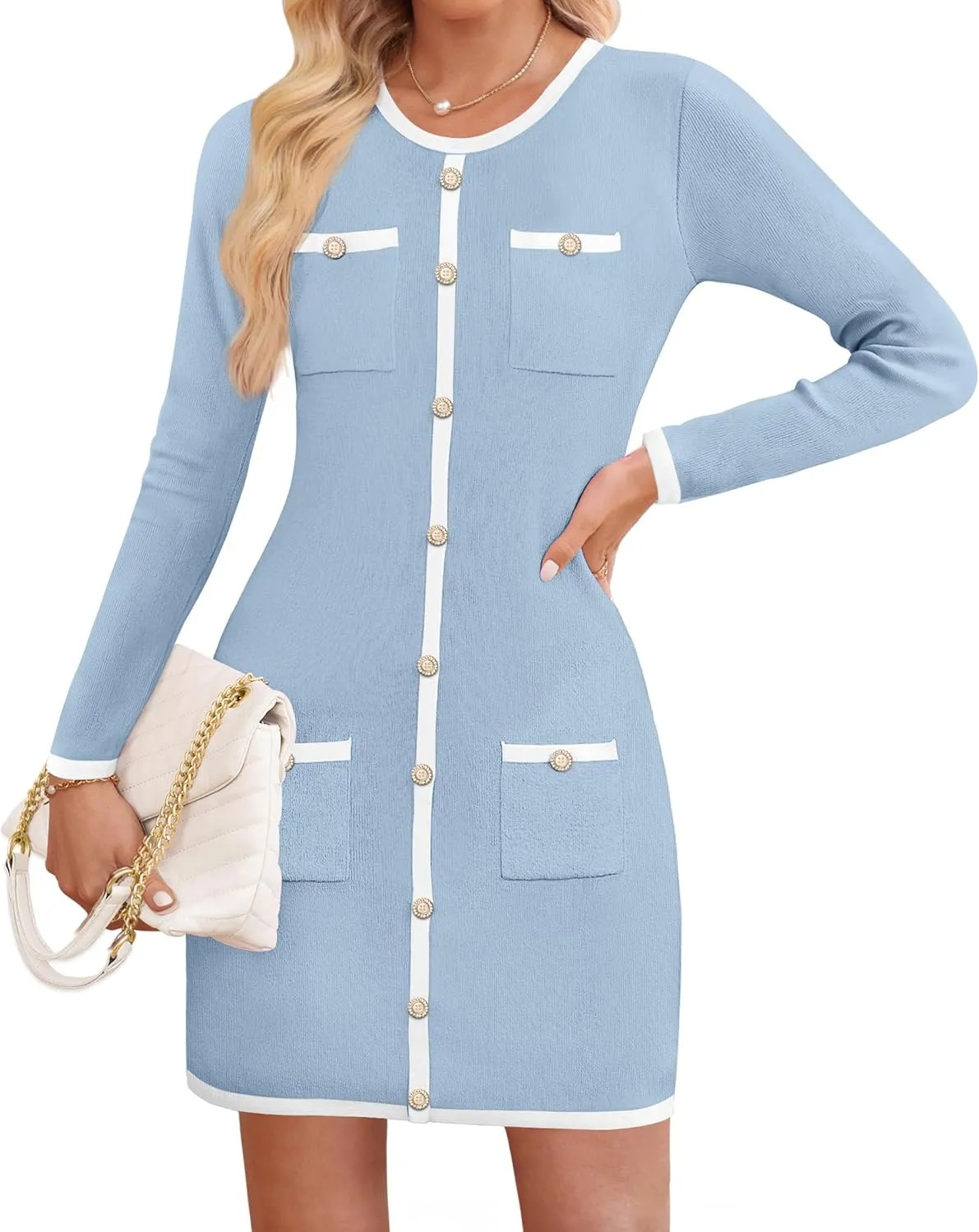 ZESICA Fall Dresses for Women 2025 Long Sleeve Button Color Block Knit Bodycon Short Sweater Dresses with Pockets