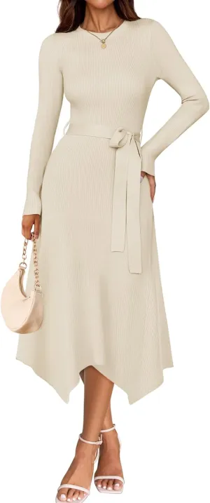 ZESICA Women's 2025 Spring Long Sleeve Crewneck Ribbed Knit High Waist Midi Sweater Dresses with Belt
