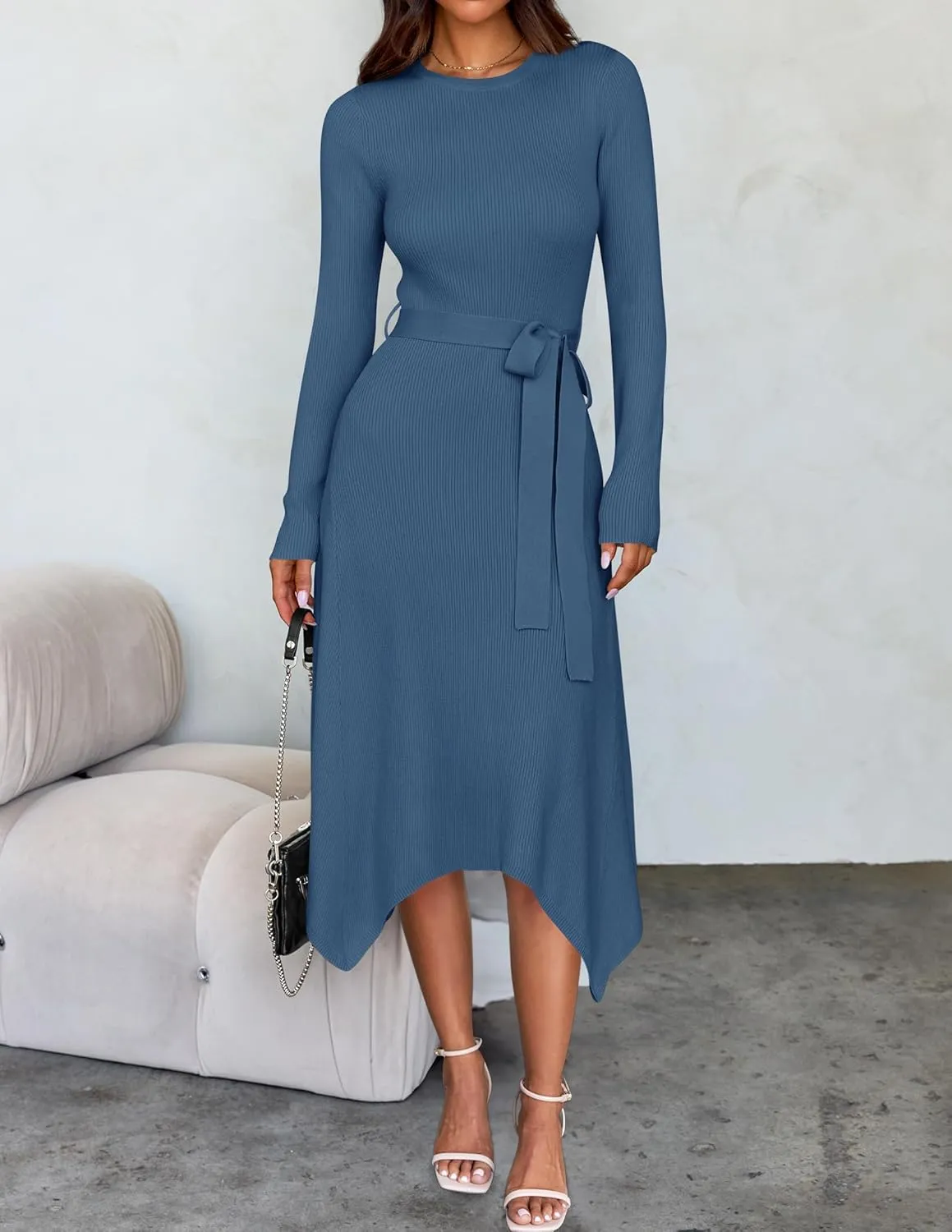ZESICA Women's 2025 Spring Long Sleeve Crewneck Ribbed Knit High Waist Midi Sweater Dresses with Belt