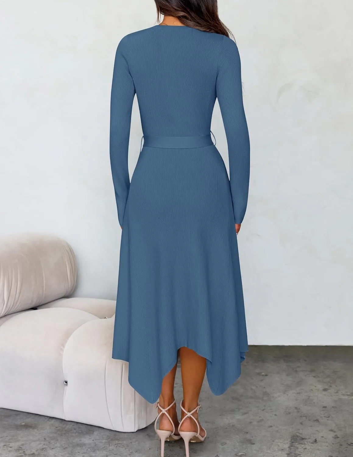 ZESICA Women's 2025 Spring Long Sleeve Crewneck Ribbed Knit High Waist Midi Sweater Dresses with Belt