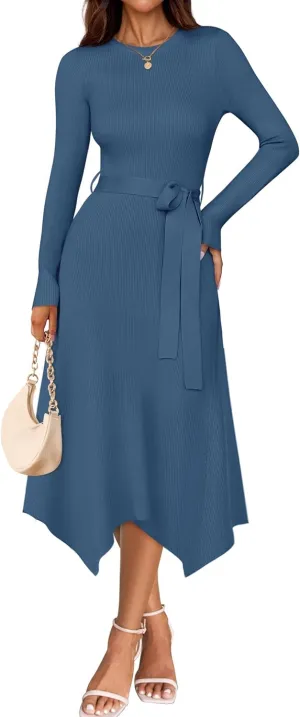ZESICA Women's 2025 Spring Long Sleeve Crewneck Ribbed Knit High Waist Midi Sweater Dresses with Belt