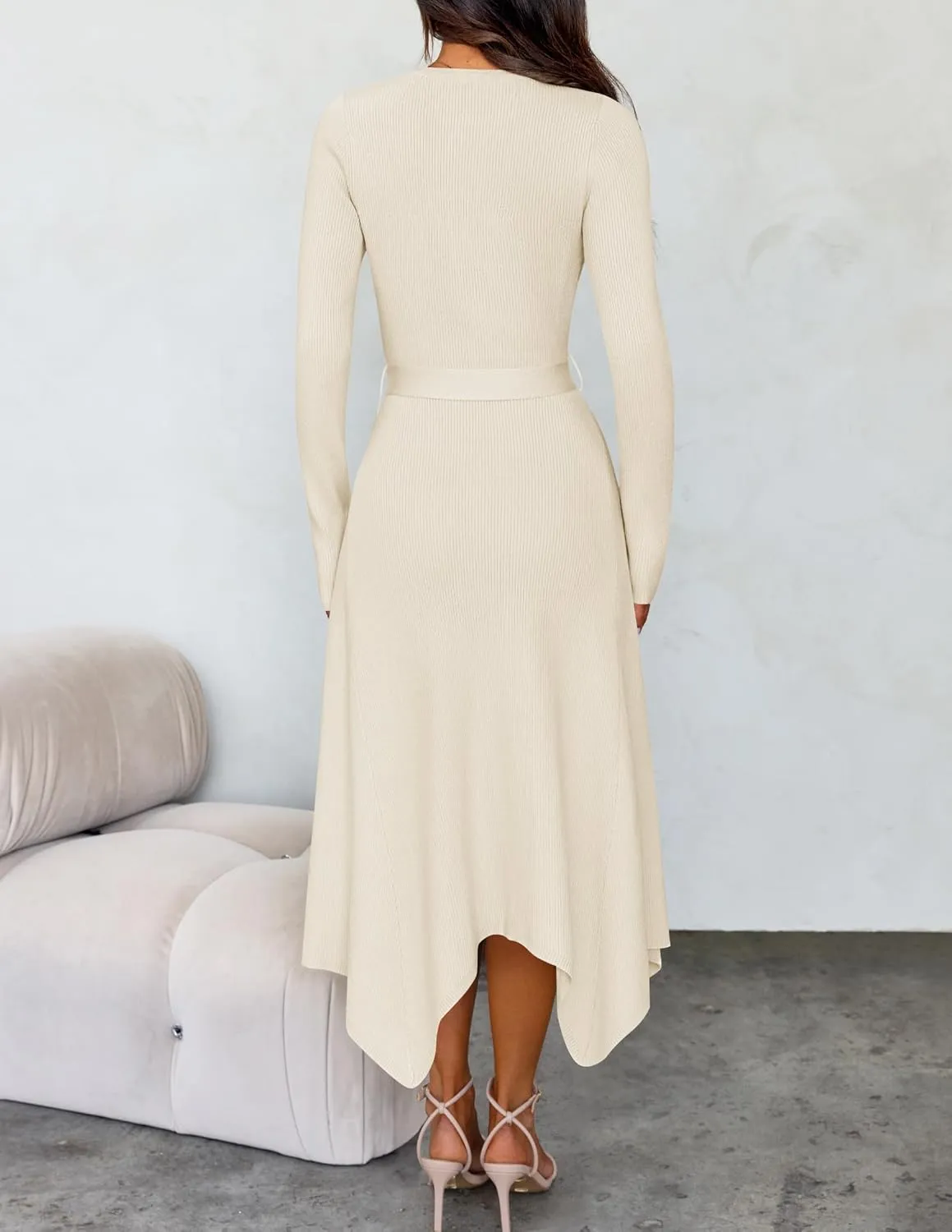 ZESICA Women's 2025 Spring Long Sleeve Crewneck Ribbed Knit High Waist Midi Sweater Dresses with Belt