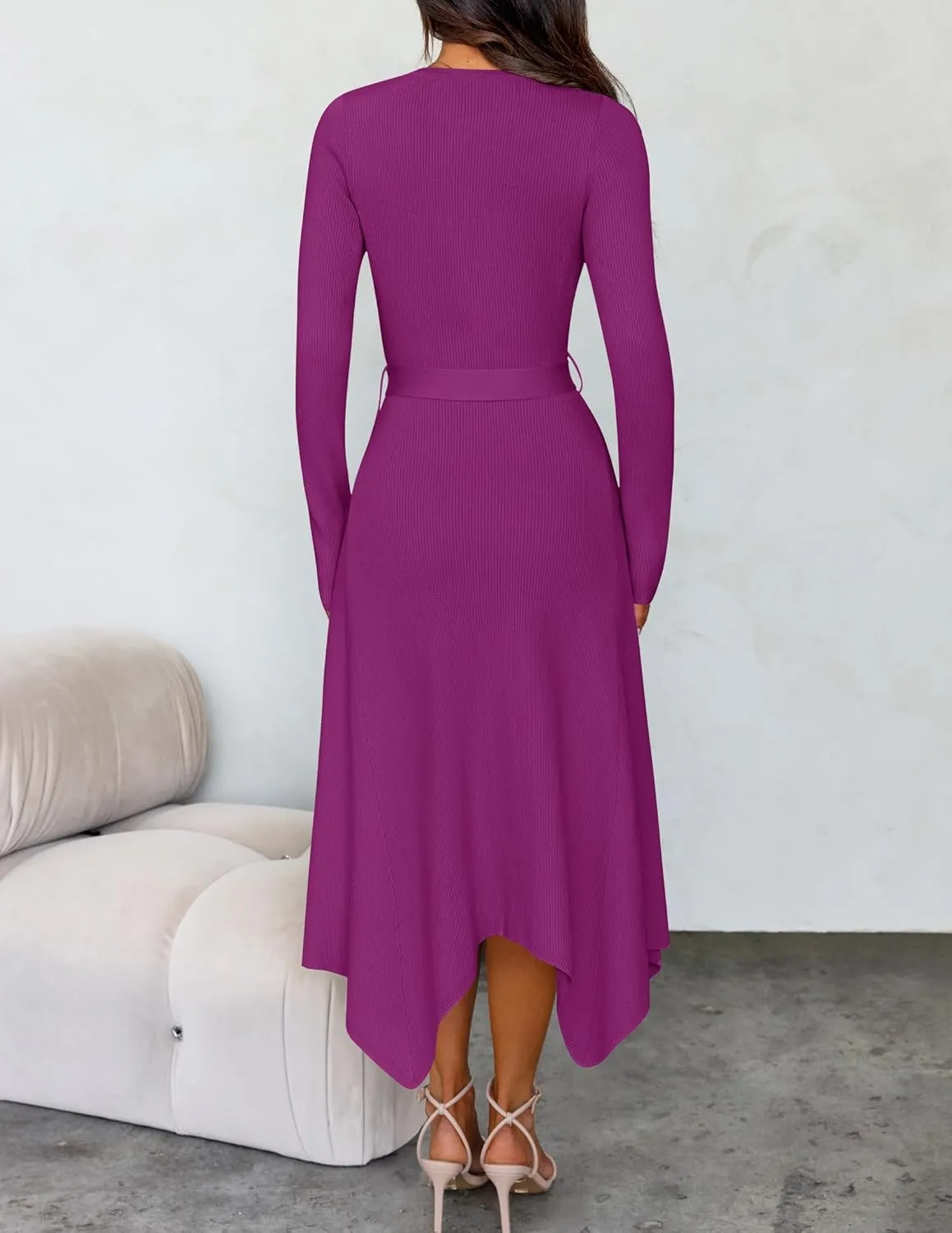ZESICA Women's 2025 Spring Long Sleeve Crewneck Ribbed Knit High Waist Midi Sweater Dresses with Belt
