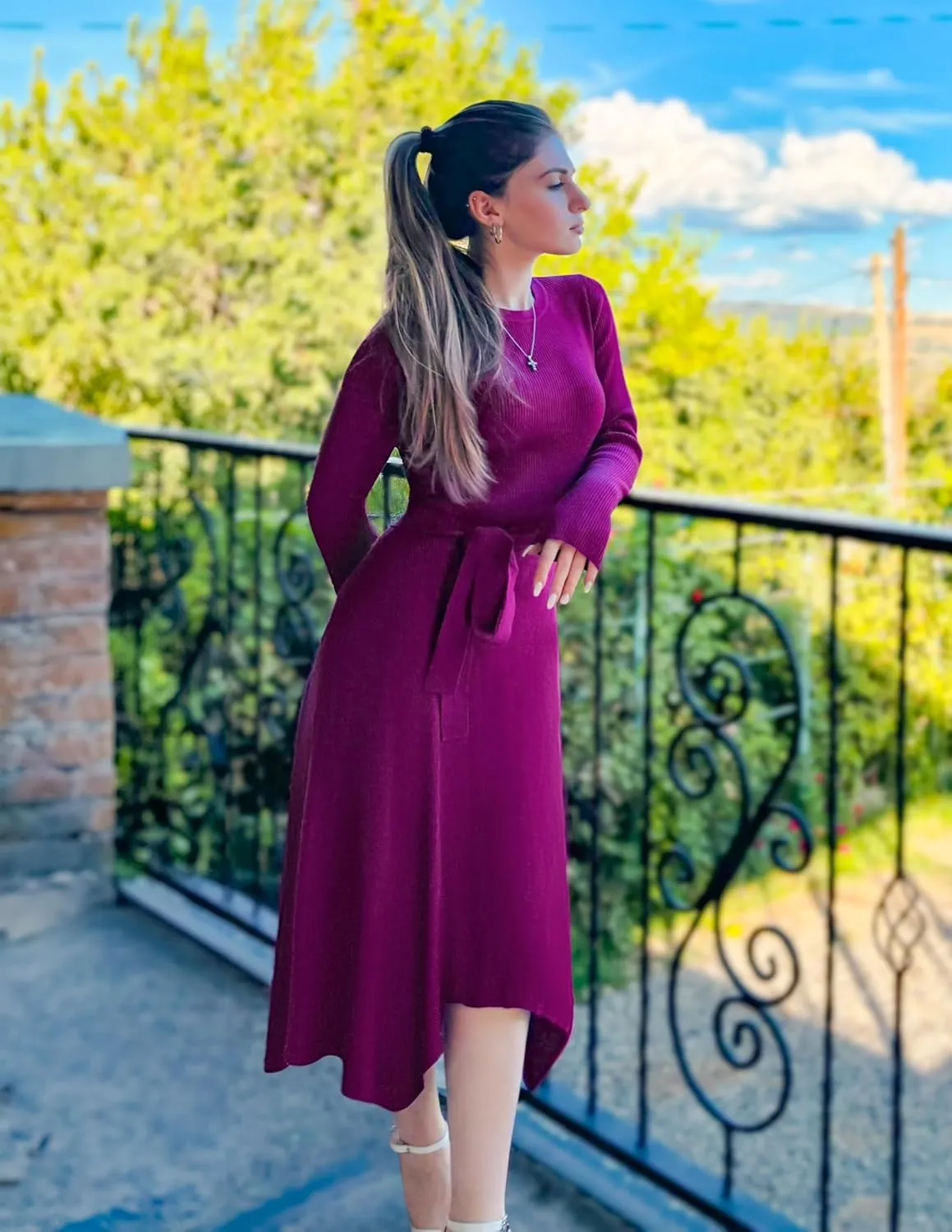 ZESICA Women's 2025 Spring Long Sleeve Crewneck Ribbed Knit High Waist Midi Sweater Dresses with Belt